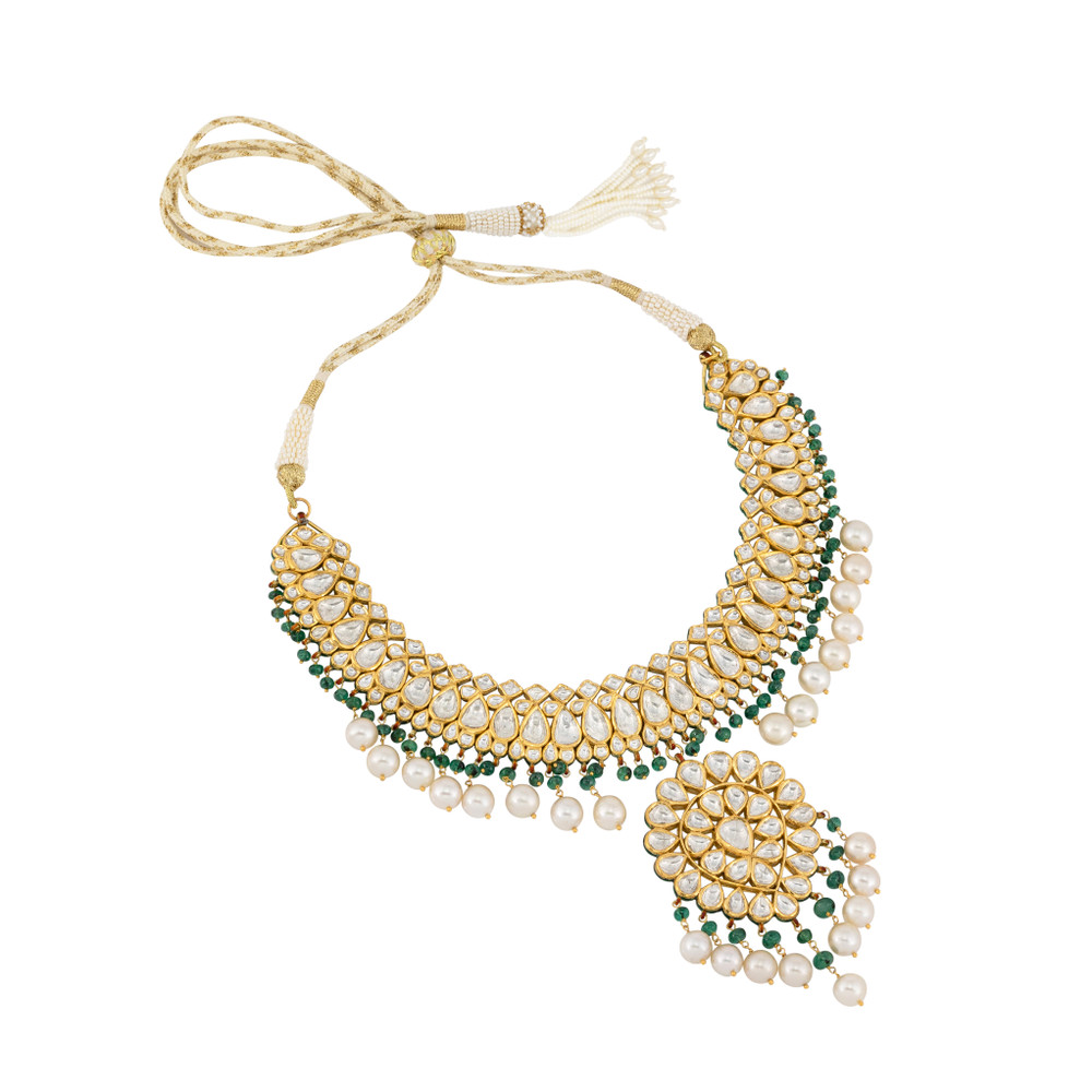 Polki and Pearl Choker Necklace with Emerald Accents